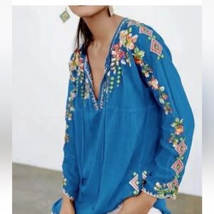 Johnny Was Vanessa Georgette Embroidered Blue Women's Top Size: PM